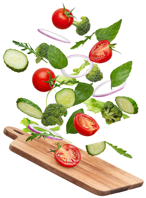 chopping board with fresh cut produce