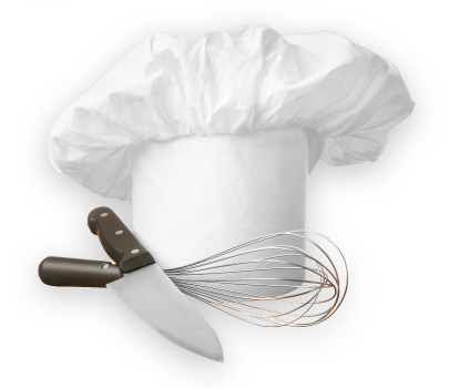 Chef hat, chef knife and whisk