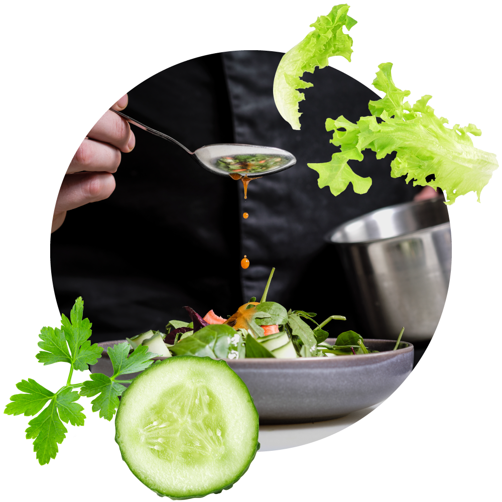 Photo collage of chef preparing salad with vegetable products