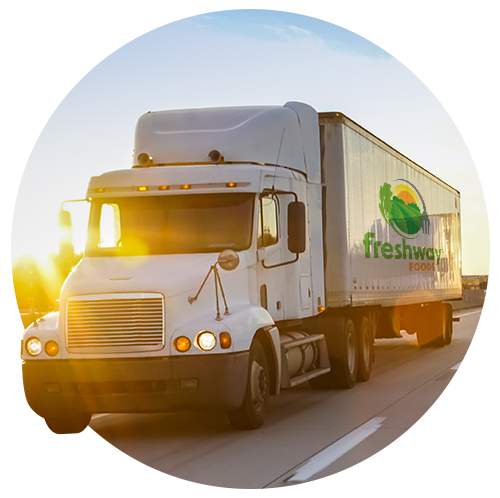 Freshway semi truck driving down the highway